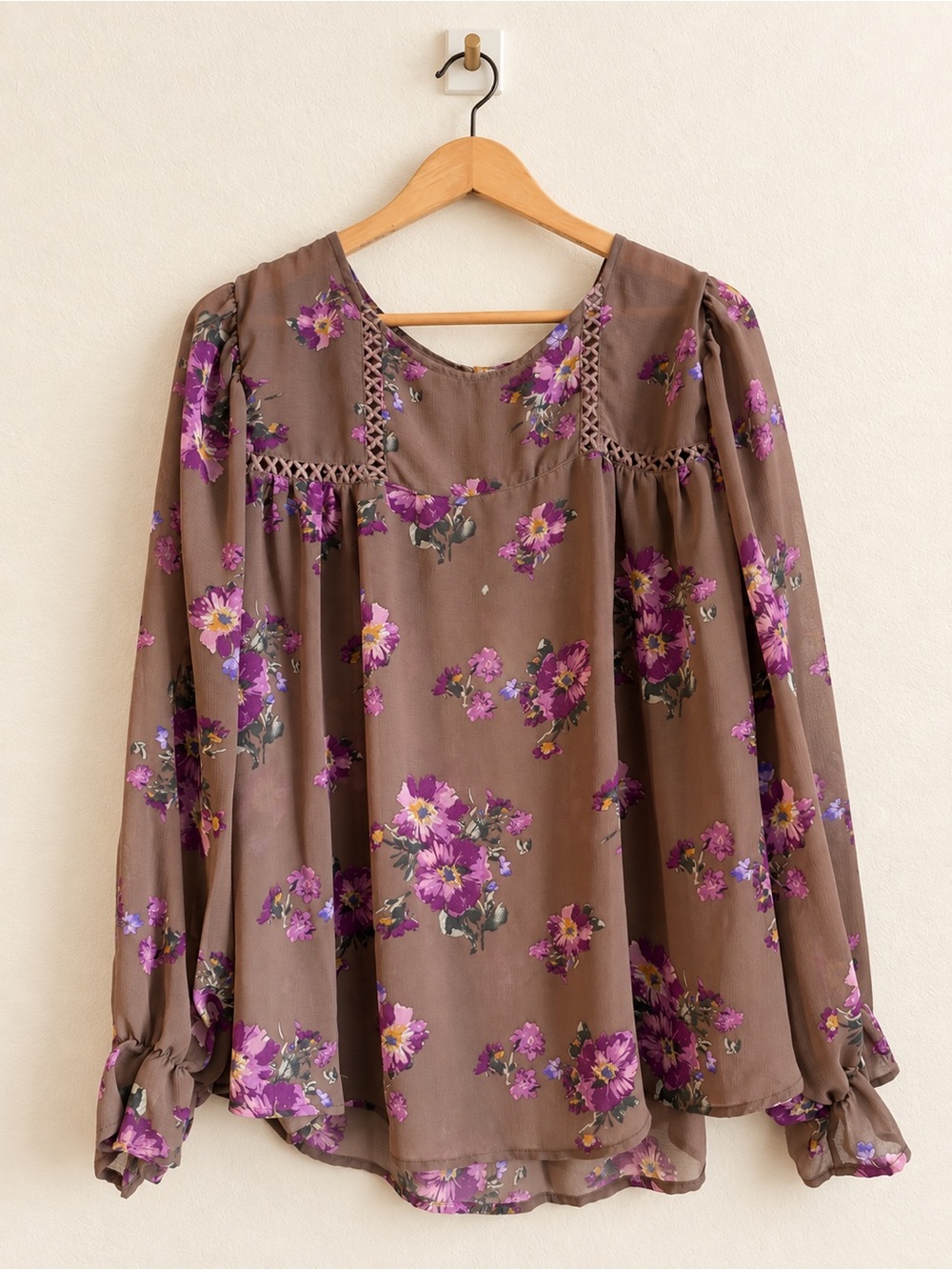 Torrid Floral Chiffon Blouse Brown Purple Crochet Trim Boho 2XL